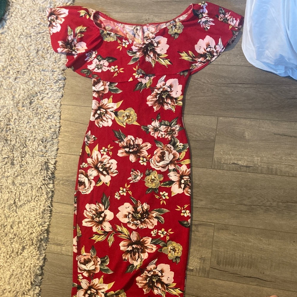 Floral ruffled Off-Shoulder Red Dress